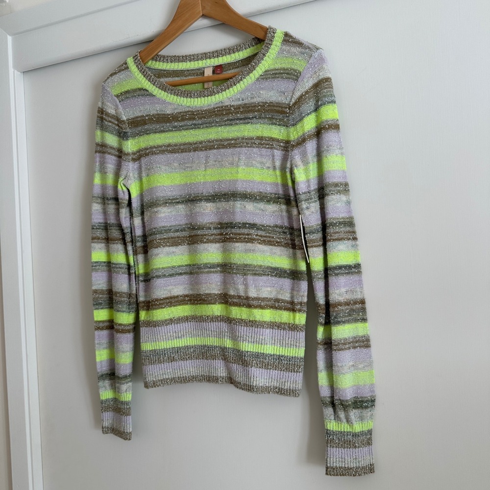 Anthropologie Pilcro Women XS Striped Crew Neck Metallic Knit Sweater Lime Green
